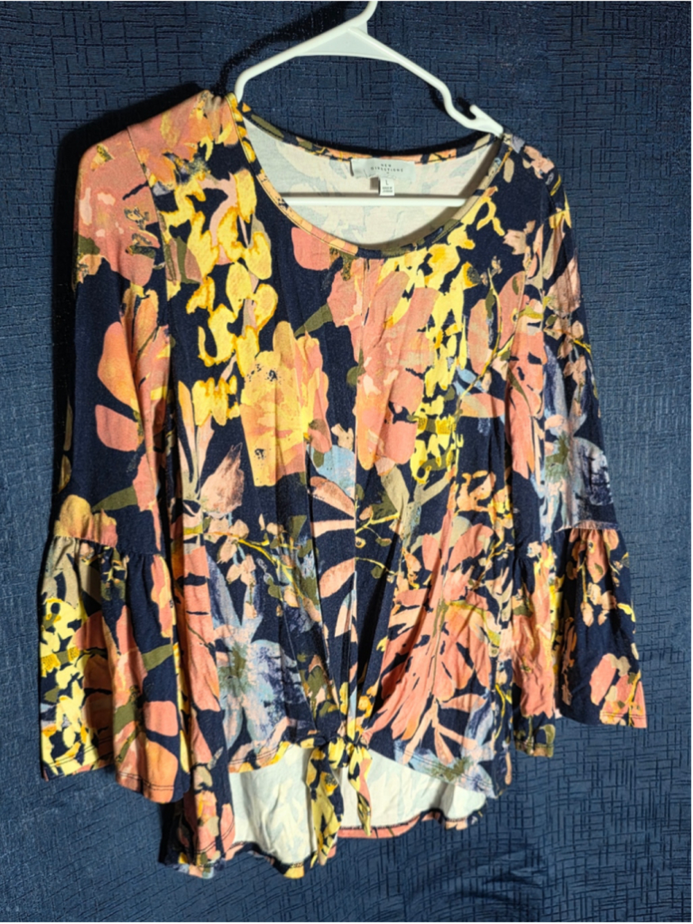 Women's New Directions Floral Blouse Size L navy Yellow Tie Front cottagecore